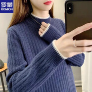 羅蒙（ROMON）羊.毛衫女2025秋冬新款半高領(lǐng)毛衣套頭加絨加厚寬松外穿長袖針織 牛仔藍(lán)【加/厚】 S 建議(80-90斤)