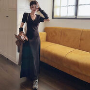 裴客胖mm2-300斤特大碼赫本風(fēng)V領(lǐng)袖套連衣裙女春秋季氣質(zhì)顯瘦拖地長(cháng)裙 黑色現貨 3XL 建議190240斤