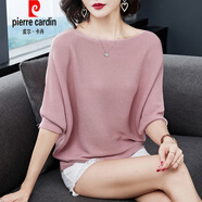 皮爾卡丹（pierre cardin）蝙蝠袖洋氣t恤女上衣寬松2025年新款春裝針織衫一字領(lǐng)毛衣打底衫2 粉色 M