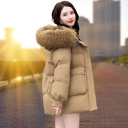 俏婷朵白鴨絨羽絨服女短款2024年冬新款連帽大毛領(lǐng)時(shí)尚寬松保暖女士外套 卡其色-貉子毛 M 推薦（100-115體重）