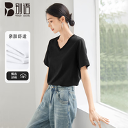 別語v領(lǐng)t恤女短袖內(nèi)搭新款純色棉正肩雞心領(lǐng)夏季百搭打底上衣 黑色2XL
