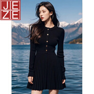 JEZE黑色針織連衣裙女春秋2025新款收腰顯瘦法式設(shè)計感單排扣百褶短裙 黑色【z模特同款 專柜高品質(zhì)】 M 【建議95-105斤】