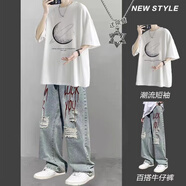 曙影（SHUYING）夏季套裝短袖T恤男生ins潮流設(shè)計感痞帥一套搭配男裝痞帥兩件套 M125白色+項鏈+破洞牛仔褲藍(lán) L