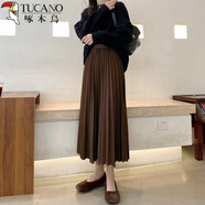 啄木鳥(niǎo)（TUCANO）百搭氣質(zhì)黑色百褶裙女半身裙中長(cháng)款高腰2026春夏新松緊腰a字裙子 【精品呢半裙】巧咖色 呢料冬款 M 建議70-95斤