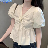 FSHE法式泡泡袖V領(lǐng)襯衫女裝春夏季設(shè)計(jì)甜美襯衣短袖短款小衫上衣 杏色  L (建議105-115斤)