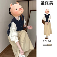 圣保美小香風連衣裙春秋季女裝2025新款小個子穿搭配馬甲半身長裙子套裝 三件套【馬甲+襯衫+半身裙】 L 碼