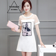 SHIROMA女裝網(wǎng)紗拼接連衣裙女夏季新款時(shí)尚優(yōu)雅簡(jiǎn)約百搭圖案短袖純色裙子 白色 M