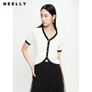 NEELLY納儷商場同款黑白撞色短袖針織衫女V領(lǐng)下擺圓弧套頭上衣潮 白色 M