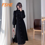 FSHE秋冬2025連衣裙氣質(zhì)韓國女內搭半高領(lǐng)長(cháng)袖針織中長(cháng)款新款毛衣裙子 黑色 M 95-110斤