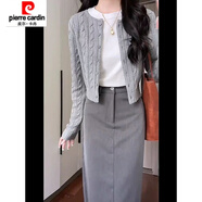 皮爾卡丹（pierre cardin）130斤胖MM修身大碼女裝學(xué)院風(fēng)針織開衫上衣+包臀長(zhǎng)裙+T恤套裝春秋 毛衣*603【單件灰色毛衣】 M