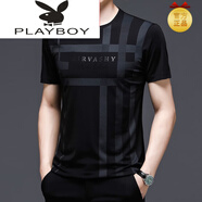 花花公子（PLAYBOY）夏季男士t恤短袖半袖修身時(shí)尚冰絲棉中青潮流圓領(lǐng)印花體恤 黑色 M (165)