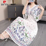皮爾卡丹（pierre cardin）波西米亞綢碎花連衣裙長(cháng)款前后V領(lǐng)沙灘裙氣質(zhì)泰國度假長(cháng)裙旅游 白底星星 M