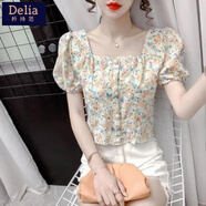 矜持范法式方領(lǐng)短袖碎花雪紡襯衫女設計感小眾夏2025新款泡泡袖短款上衣 黃色 M 【95-105斤】