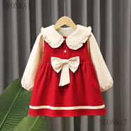 SKONWAT女童連衣裙春秋裝2023新款兒童洋氣寶寶連衣裙娃娃領(lǐng)秋冬款公主裙 紅色 酒紅色 加絨加厚大蝴蝶結裙 90 建議身高90CM左右