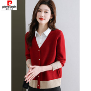皮爾卡丹（pierre cardin）假兩件紅色毛衣女秋冬新款時尚襯衫領(lǐng)上衣大碼短款打底衫 紅色 M 建議90-110斤