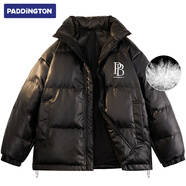帕丁頓熊2024冬季新款男士Pu皮純色寬松防風(fēng)防寒保暖加厚羽絨服情侶外套 黑色 L