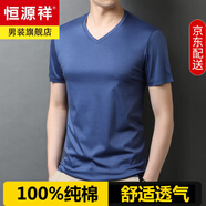 恒源祥男士短袖T恤V領夏季純白色100%純棉休閑體恤半袖男裝打底衫絲光棉 Q88201湖藍【V領】 3XL 185 推薦165-180斤