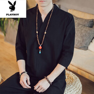 花花公子（PLAYBOY）中國風(fēng)男裝亞麻短袖T恤夏季唐裝半袖中袖寬松中式七分袖棉麻上衣 黑色 4XL 175-190斤