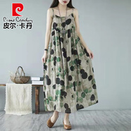 皮爾卡丹（pierre cardin）媽媽夏裝苧麻吊帶連衣裙女夏新款波點(diǎn)亞麻背心打底裙復(fù)古棉麻裙子 綠色 均碼 XL