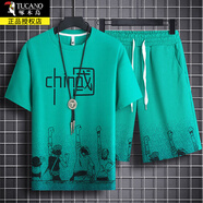 啄木鳥(niǎo)冰絲短袖t恤男士裝夏季涼感青少年寬松運動(dòng)半袖套裝中短褲衣服 H30H60綠色套裝 M