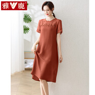 雅鹿中年媽媽裝夏季連衣裙品牌女裝貴夫人夏裝時(shí)尚純色裙子高檔衣服 紅色 3XL (建議115-130斤)