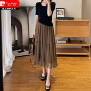 皮爾卡丹2025夏季新款高腰顯瘦大裙擺a字裙小個(gè)子網(wǎng)紗半身裙子大尺碼設計 咖色 M (建議斤以?xún)?