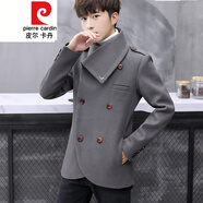 皮爾卡丹（pierre cardin）男士短款毛呢大衣外套冬裝韓版痞帥氣個(gè)性雙排扣夾克風(fēng)衣 灰色 3XL 185 適合142-152斤