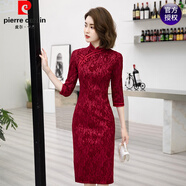 皮爾卡丹（pierre cardin）旗袍2025新款時(shí)尚大氣上檔次喜婆婆紅色小個(gè)子?jì)寢尰檠缪b禮服蕾絲 酒紅色 JFX蕾絲(衣長(zhǎng)110CM) XL