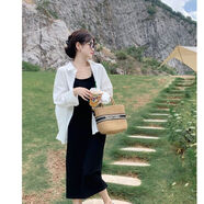 GOCHIEI夏季新款白色防曬襯衫搭配黑色吊帶長裙寬松中長款唯美百搭時尚 白色防曬衫+黑色背心裙[套裝] S 建議100斤內(nèi)