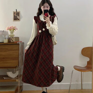 UOSO毛呢連衣裙女過膝學(xué)院風(fēng)紅色格子毛呢連衣裙秋冬大碼胖mm過年圣誕 圖片色連衣裙秋季/秋裝/早秋/ M (80-100斤)均碼