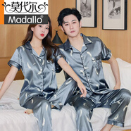 莫代爾冰絲情侶睡衣男女士夏季韓版薄款加大碼胖mm200斤結(jié)婚家居服套裝 短袖長褲灰羽毛 L 女士：(100120斤)