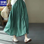 羅蒙（ROMON）棉麻半身裙女新款大擺裙純色飄逸長(cháng)裙蓬蓬裙雙層透氣文藝中腰松緊 湖水藍 M 建議85-105