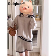 RUIQIUER針織連衣裙女秋冬季新款女裝學(xué)院風(fēng)polo領(lǐng)毛衣短裙子長袖兩件套裝 咖色 S