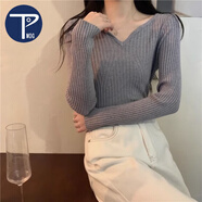 PMOG加絨保暖低領(lǐng)針織打底衫女秋冬洋氣內(nèi)搭修身短款v領(lǐng)白色加厚毛衣 灰[不加絨] S[建議80-90斤]
