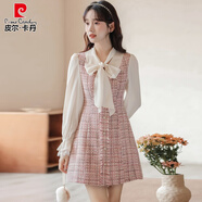 皮爾卡丹（pierre cardin）法小香風(fēng)蝴蝶結連衣裙女秋季新款設計感拼接粉色小個(gè)子a字裙子 圖片色 M