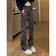 衣然呈品牛仔褲男夏季新款毛邊微喇拼接修身顯瘦美式高街vibe彎刀長(zhǎng)褲子男 灰色 M 【建議90-110斤】