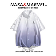 NASA MARVEL襯衫男夏季短袖上衣休閑潮流免燙抗皺襯衣寬松外套 白紫漸變 S 