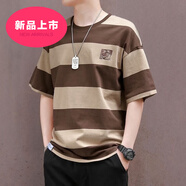 昂秉潮牌條紋短袖t恤男士休閑寬松重磅半袖圓領(lǐng)上衣夏季韓版潮流體恤 品牌棕色 L