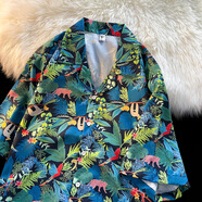 潮西登古著(zhù)vintage古巴領(lǐng)碎花襯衫男女寬松港味設計感情侶沙灘短袖襯衣 南2103藏青色 2XL