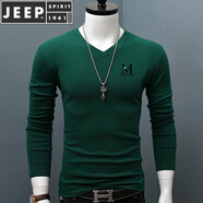 JEEP SPIRIT秋冬季V領(lǐng)長袖男T恤純棉保暖秋衣百搭純色打底衫上衣潮流體恤 墨綠色 M 【100斤左右穿】