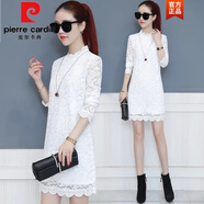 皮爾卡丹（pierre cardin）大版女裝女裝蕾絲連衣裙2025春秋冬長袖中長款打底衫胖m遮肚顯瘦 白色(薄款) XL 建議105-120斤