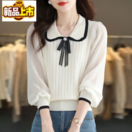 初徑2025新款娃娃領(lǐng)長(cháng)袖恤女春秋減齡冰絲針織衫洋氣小衫蕾絲打底衫 QFX406#主圖色 XL 建議115-130斤