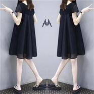 貝吉棋大碼女裝2025夏季新款韓版寬松歐根紗A字顯瘦遮肚子V領連衣裙 黑色 S