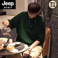 JEEP SPIRIT高克重磅美式純棉t恤潮牌三本針加厚純白短袖男精梳棉情侶七分袖 墨綠色升級(jí)版 S