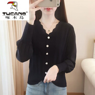 啄木鳥(niǎo)（TUCANO）雪紡袖冰絲針織衫2025春裝新款韓版洋氣v領(lǐng)短款上衣白色打底衫女 黑色 3XL 135-150