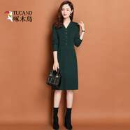 啄木鳥(niǎo)連衣裙女秋冬V領(lǐng)新款2026針織收腰打底裙女氣質(zhì)修身顯瘦毛衣裙 V領(lǐng)蕾絲:墨綠色 M [建議79-90斤]