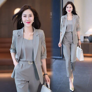 皮爾卡丹休閑西裝套裝小個(gè)子女2025春新款洋氣職業(yè)感正裝西服褲子三件套 灰色 背心+外套+褲子 套裝 2XL 【建議125-140斤】