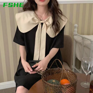 FSHE2025夏季新款韓版小眾設(shè)計(jì)蝴蝶結(jié)娃娃領(lǐng)撞色連衣裙女寬松顯瘦裙子 黑色 XL _建議140斤內(nèi)