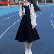 FSHE春季百搭襯衫+可愛(ài)背帶連衣裙女學(xué)生收腰中長(cháng)款背心裙子單裝 {套裝}黑色裙+白色襯衫 XXL