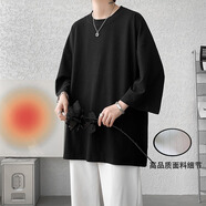 賢語夏季冰絲涼感t恤短袖速干七分袖港風(fēng)潮流ins學(xué)生寬松胖子大碼上衣 【單件】黑色-冰絲涼感 2XL 【建議140-160斤】